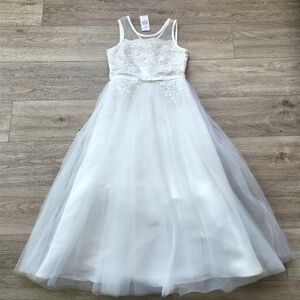 American Glamour Badgley Mischka White Illusion Neck Dress Girls 12 Flower Girl